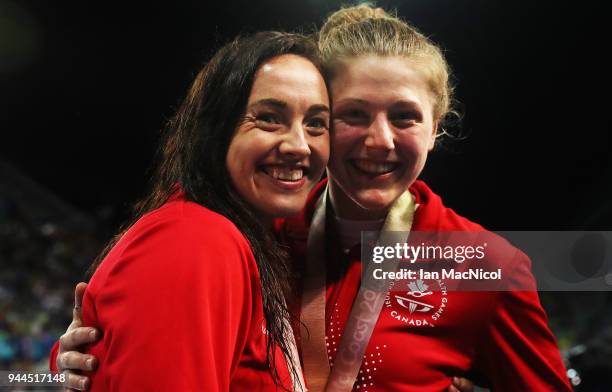 Abigail Tripp and Morgan Bird of Canada are see after the Women's S8 50m Freestyle Final on day six of the Gold Coast 2018 Commonwealth Games at...