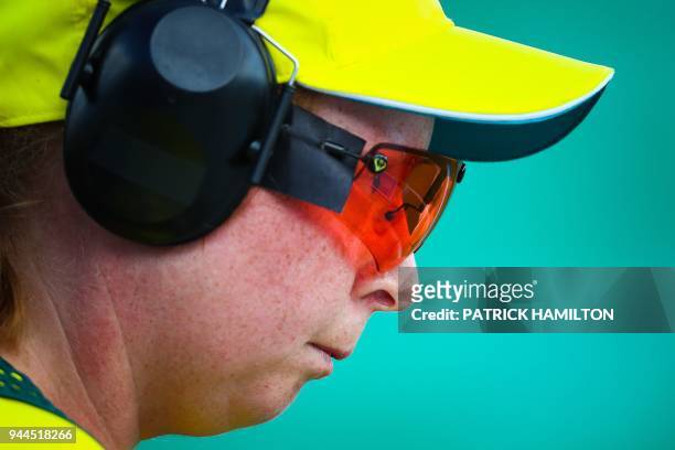 Australia's Emma Cox competes during the women's double trap shooting event finals in the 2018 Gold Coast Commonwealth Games at the Belmont Shooting...