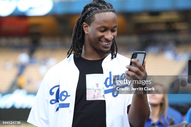 Player Todd Gurley attends The Los Angeles Dodgers Game at Dodger Stadium on April 10, 2018 in Los Angeles, California.