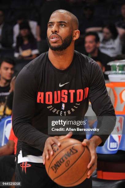 Chris Paul warms up prior to a basketball game between the Los Angeles Lakers and the Houston Rockets at Staples Center on April 10, 2018 in Los...