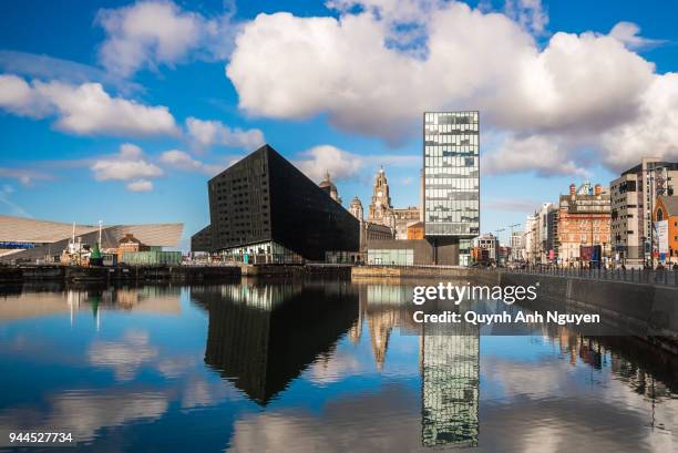 uk, england, liverpool: mann island apartments with liver building and lightship and waterfront buildings viewed across canning dock - river mersey liverpool stock pictures, royalty-free photos & images