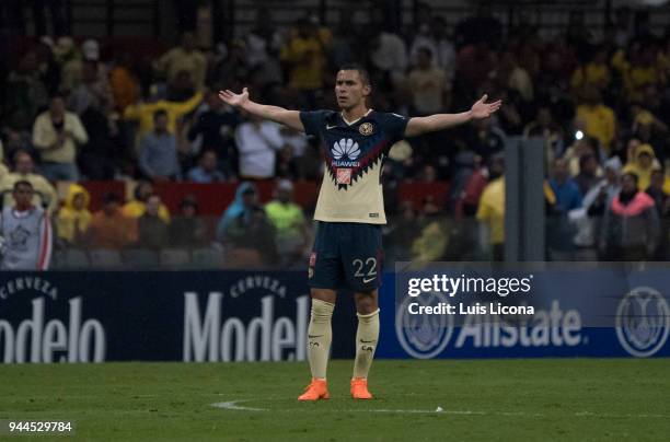 Paul Aguilar of America reacts during the semifinal second leg match between America and Toronto at Azteca Stadium on April 10, 2018 in Mexico City,...