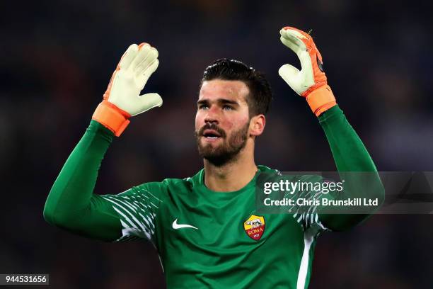 Alisson of AS Roma celebrates after the UEFA Champions League Quarter Final, second leg match between AS Roma and FC Barcelona at Stadio Olimpico on...