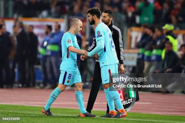 Andres Iniesta of FC Barcelona is replaced as a substitute by teammate Andre Gomes during the UEFA Champions League Quarter Final, second leg match...