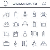 Luggage flat line icons. Carry-on, hardside suitcases, wheeled bags, pet carrier, travel backpack. Baggage dimensions and weight thin linear signs