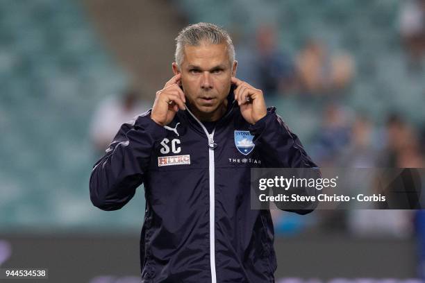 Assistant coach Steve Corica of the Sydney during the warm up before the round 26 A-League match between Sydney FC and Adelaide United at Allianz...