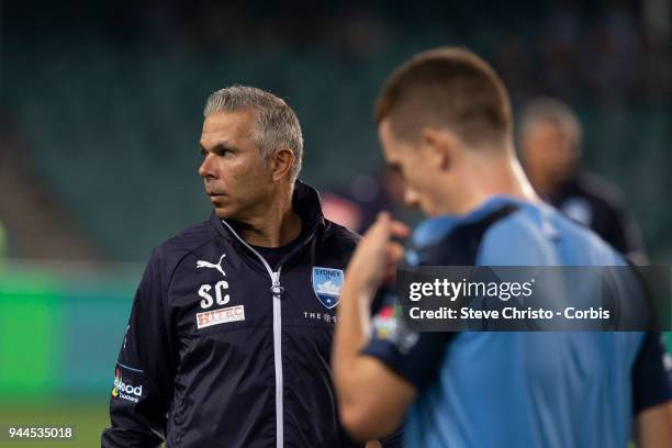 Assistant coach Steve Corica of the Sydney during the warm up before the round 26 A-League match between Sydney FC and Adelaide United at Allianz...