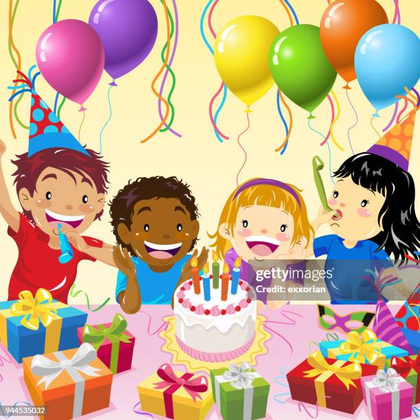 multi-ethnic children birthday party - surprise birthday party stock illustrations