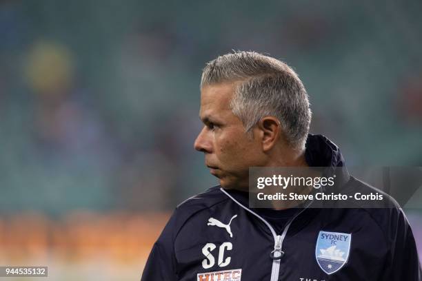 Assistant coach Steve Corica of the Sydney during warm up before the round 26 A-League match between Sydney FC and Adelaide United at Allianz Stadium...