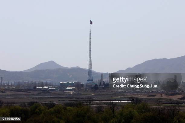North Korean national flag in North Korea's propaganda village of Gijungdong is seen from an observation post on April 11, 2018 in Panmunjom, South...