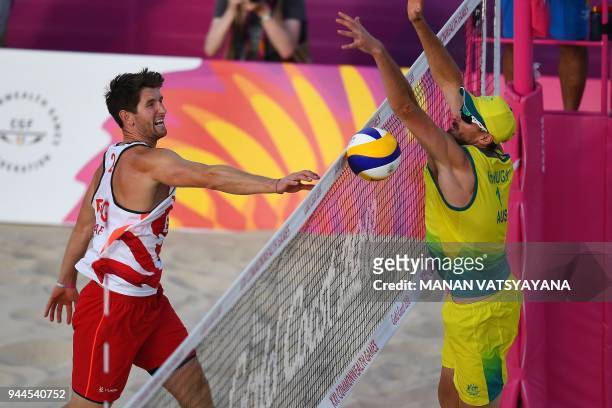Christopher McHugh of Australia blocks a shot by England's Jake Sheaf during their men's beach volleyball semi-final match of the 2018 Gold Coast...
