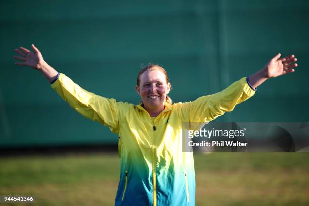 Silver medalist Emma Cox of Australia poses during the medal ceremony for the Women's Double Trap Finals on day seven of the Gold Coast 2018...