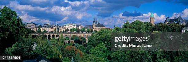 panorama of adolphe bridge and luxembourg city - luxembourg stockfoto's en -beelden