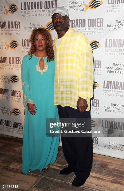 Founder of BIFF Leslie Vanderpool and Actor Delroy Lindo attends the special tribute to Johnny Depp at the 6th Annual Bahamas Film Festival at the...