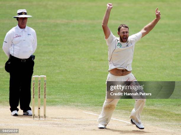 Daniel Vettori of New Zealand celebrates the stumping of Misbah Ul Haq of Pakistan during day five of the Third Test match between New Zealand and...