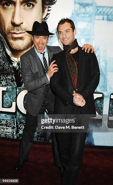 Jude Law and Robert Downey Jnr arrive at the World Premiere of 'Sherlock Holmes', at the Empire Cinema Leicester Square on December 14, 2009 in...