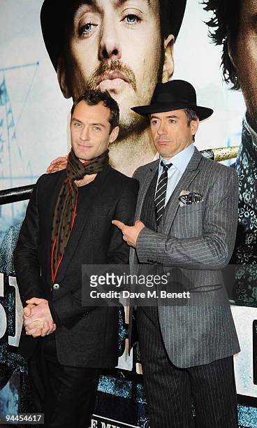 Jude Law and Robert Downey Jnr arrive at the World Premiere of 'Sherlock Holmes', at the Empire Cinema Leicester Square on December 14, 2009 in...