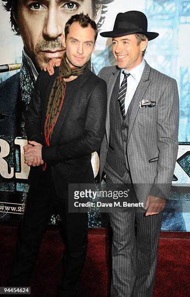 Jude Law and Robert Downey Jnr arrive at the World Premiere of 'Sherlock Holmes', at the Empire Cinema Leicester Square on December 14, 2009 in...