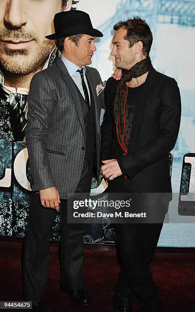 Jude Law and Robert Downey Jnr arrive at the World Premiere of 'Sherlock Holmes', at the Empire Cinema Leicester Square on December 14, 2009 in...