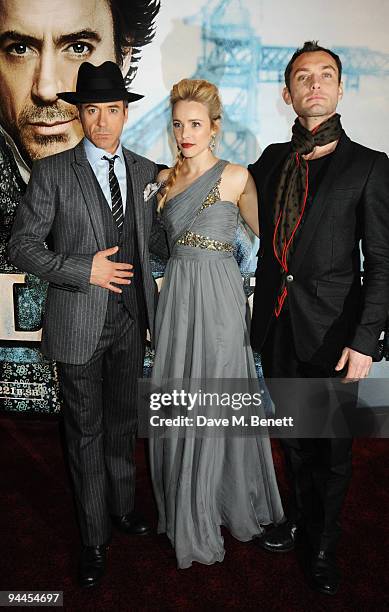 Robert Downey Jnr, Rachel McAdams and Jude Law arrive at the World Premiere of 'Sherlock Holmes', at the Empire Cinema Leicester Square on December...
