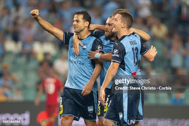 Deyvison Rogerio da Silva, Bobo of the Sydney celebrates scoring his first goal during the round 26 A-League match between Sydney FC and Adelaide...