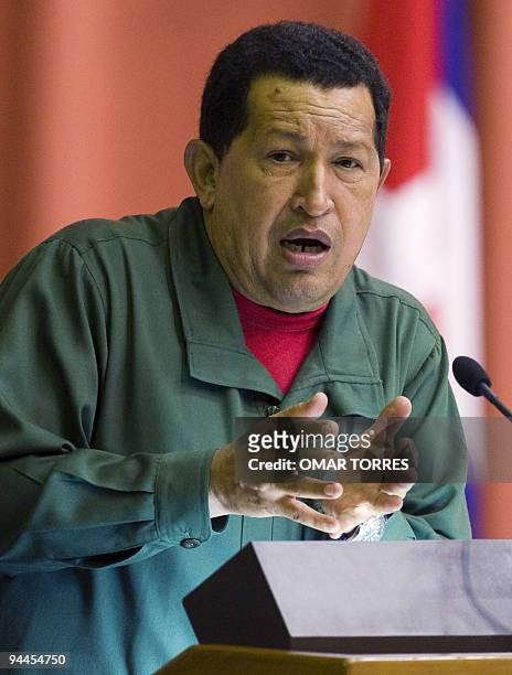 Venezuelan President Hugo Chavez delivers a speech during the closing ceremony of the VIII Bolivarian Alternative for the Americas Summit in Havana...