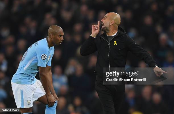 Manchester City coach Josep Guardiola reacts at the half time whistle during the UEFA Champions League Quarter Final Second Leg match between...