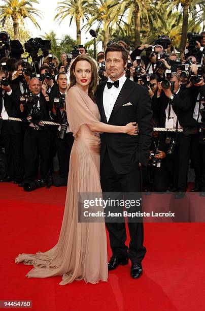 Angelina Jolie and Brad Pitt attend the 'Inglourious Basterds' Premiere at the Grand Theatre Lumiere during the 62nd Annual Cannes Film Festival on...