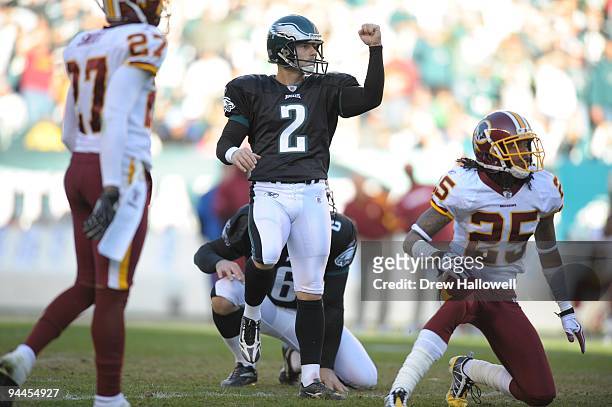 Kicker David Akers of the Philadelphia Eagles celebrates during the game against the Washington Redskins on November 29, 2009 at Lincoln Financial...