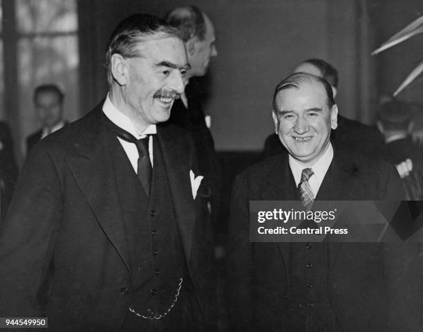 British Prime Minister Neville Chamberlain with French Prime Minister Édouard Daladier during a visit to France, November 1938.