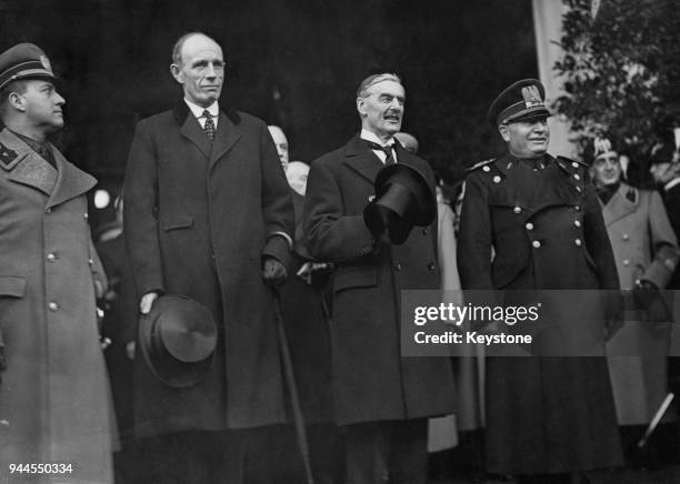 From left to right, Italian Foreign Minister Count Ciano , Lord Halifax , the British Foreign Secretary, British Prime Minister Neville Chamberlain...