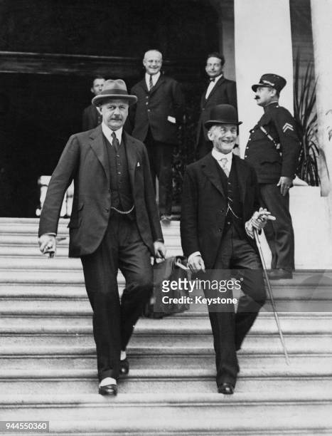 Austen Chamberlain , the British representative, with lawyer Sir Cecil Hurst on the steps of the Conference Hall at Locarno, Switzerland, during the...