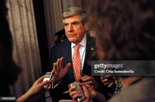 Sen. Ben Nelson talks with reporters after a Senate Democratic caucus meeting at the U.S. Capitol December 14, 2009 in Washington, DC. Senate...