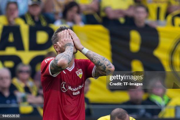 Daniel Ginczek of Stuttgart gestures during the Bundesliga match between Borussia Dortmund and VfB Stuttgart at Signal Iduna Park on April 8, 2018 in...