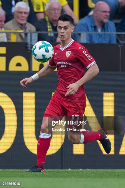 Erik Thommy of Stuttgart controls the ball during the Bundesliga match between Borussia Dortmund and VfB Stuttgart at Signal Iduna Park on April 8,...