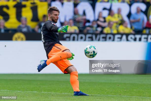 Goalkeeper Ron-Robert Zieler of Stuttgart controls the ball during the Bundesliga match between Borussia Dortmund and VfB Stuttgart at Signal Iduna...