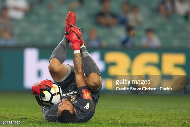 Paul Izzo goalkeeper of the Adelaide United celebrates holds his foot during the round 26 A-League match between Sydney FC and Adelaide United at...