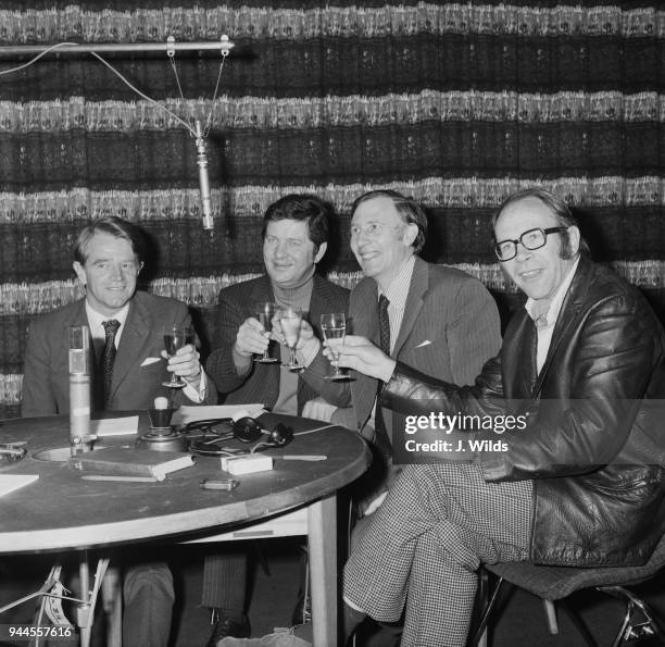 From left to right, Chris Chataway, Richard Baker, Roger Bannister and Chris Brasher celebrate the 20th anniversary of the first four-minute mile,...