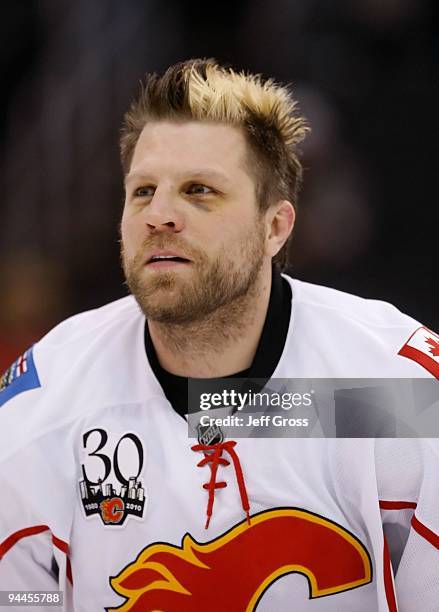 Brian McGrattan of the Calgary Flames looks on prior to the game against the Los Angeles Kings at Staples Center on November 21, 2009 in Los Angeles,...