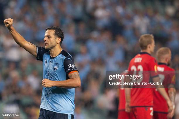 Deyvison Rogerio da Silva, Bobo of the Sydney celebrates scoring his second goal during the round 26 A-League match between Sydney FC and Adelaide...