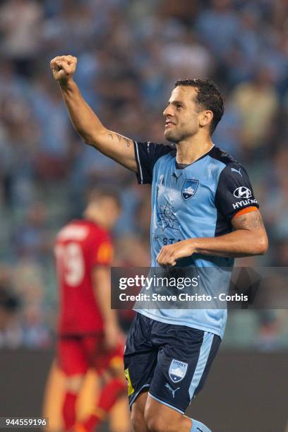 Deyvison Rogerio da Silva, Bobo of the Sydney celebrates scoring his second goal during the round 26 A-League match between Sydney FC and Adelaide...