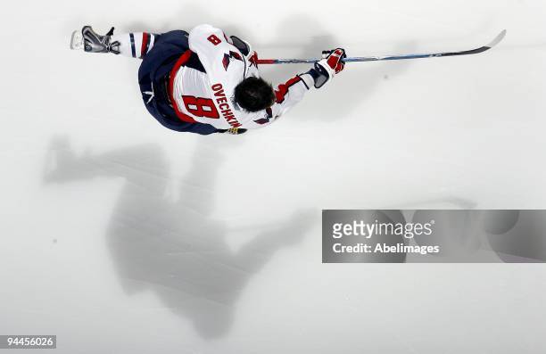 Alex Ovechkin of the Washington Capitals shoots during warmup before playing against the Toronto Maple Leafs December 12, 2009 at the Air Canada...