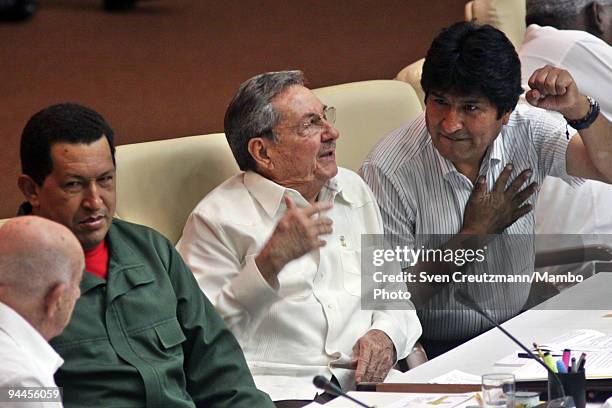 Cuba�s President Raul Castro talks with his counterparts Evo Morales of Bolivia , Hugo Chavez of Venezuela and Cuba�s Vice-President Jose Ramon...