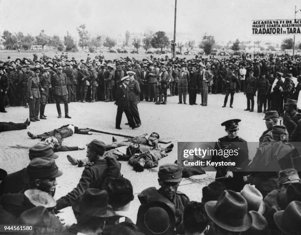 Public execution of members of the Iron Guard responsible for the assassination of Romanian Prime Minister Armand Calinescu, in Bucharest, Romania,...