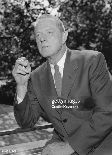 American novelist Erskine Caldwell at a press conference at the Savoy Hotel in London, 27th August 1958. He is in London to attend the premiere of...