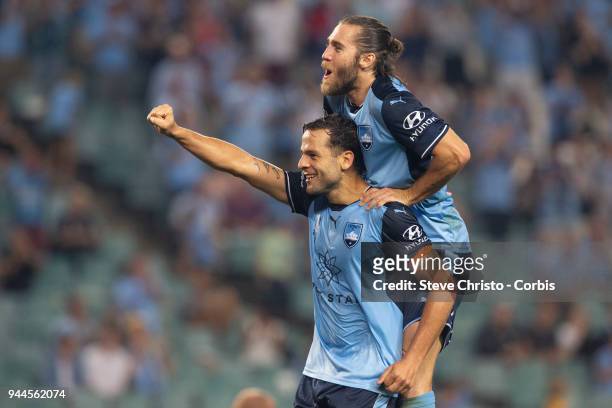 Deyvison Rogerio da Silva, Bobo of the Sydney celebrates scoring his second goal with Joshua Brillante during the round 26 A-League match between...