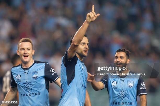 Deyvison Rogerio da Silva, Bobo of the Sydney celebrates scoring his second goal during the round 26 A-League match between Sydney FC and Adelaide...