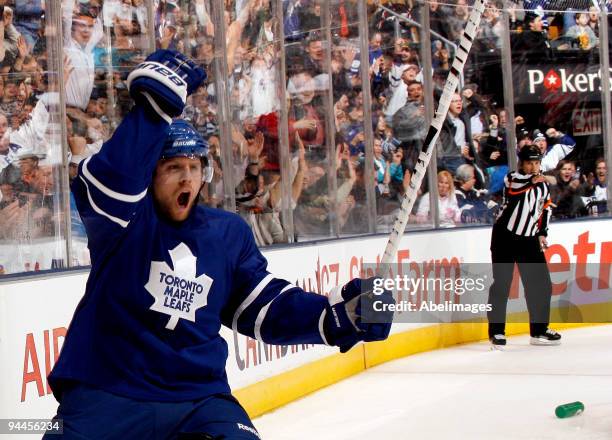 Phil Kessel of the Toronto Maple Leafs celebrates goal against the Ottawa Senators during action December 14, 2009 at the Air Canada Centre in...
