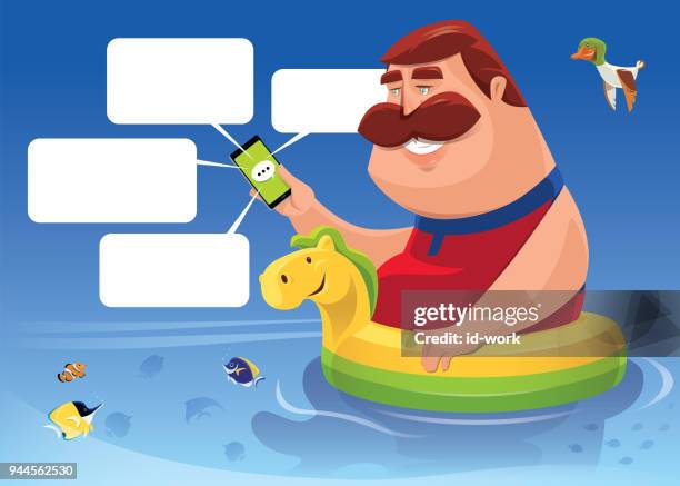 fat man in buoy using smartphone - clown fish vector stock illustrations