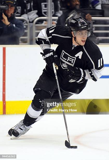 Anze Kopitar of the Los Angeles Kings carries the puck against the Dallas Stars at the Staples Center on December 12, 2009 in Los Angeles,...